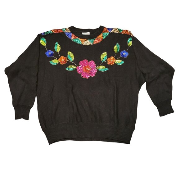 Mister Noah 22W Sequined Sweater Pullover Floral Beaded Flowers 80s Knit - Picture 1 of 6